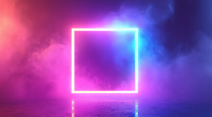 Poster - frame for your design with neon glow in pink, red and purple tones. Background with smoke and frame
