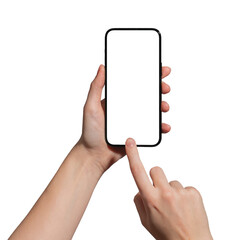 Poster - Hand holding a smartphone with a blank screen, index finger tapping to capture or interact. Ideal for app promotion, advertising, and mockup. Caucasian female presenting device. Isolated on white.