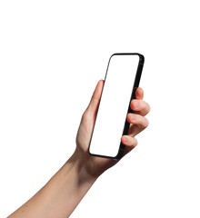 Poster - Hand holding a smartphone with a blank screen, tilted for a dynamic perspective. app promotion, advertising, and technology display. Caucasian female presenting device. Isolated on white background..
