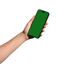 Aufkleber - Hand holding a smartphone with an empty green chromakey screen. Female presenting mobile device for promotion, application, or technology concept. Isolated on white background..