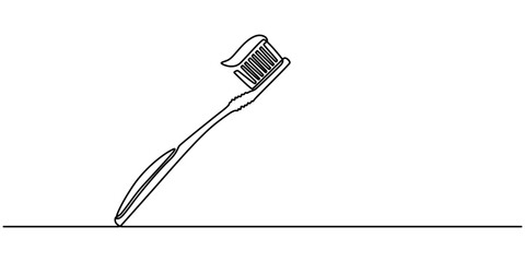 Fototapete - One Continuous Line Drawing of Toothbrush Icon. Single Line Vector Illustration, Continuous one line drawing of toothbrush and toothpaste, Dental care concept. Minimalist design, white background.