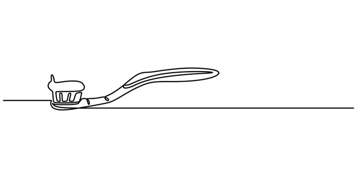 One Continuous Line Drawing of Toothbrush Icon. Single Line Vector Illustration, Continuous one line drawing of toothbrush and toothpaste, Dental care concept. Minimalist design, white background.