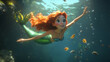 © Ruhi - Cute mermaid with little fish underwater in sea. Vector cartoon person, beautiful girl fish with red hair and tail in ocean water with bubbles. Fairy tale or mythology character, pretty mermaid