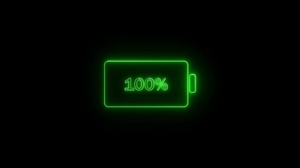 Poster - Glowing neon battery full charge animation with an animated battery icon on a black background. The neon effect highlights the battery's full charge, symbolizing energy and power in a dynamic visual.