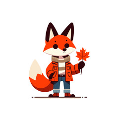 Wall Mural - Vector cartoon fox in autumn jacket holding maple leaf. Ideal for fall season promotions, nature walks, or seasonal change educational materials for children.