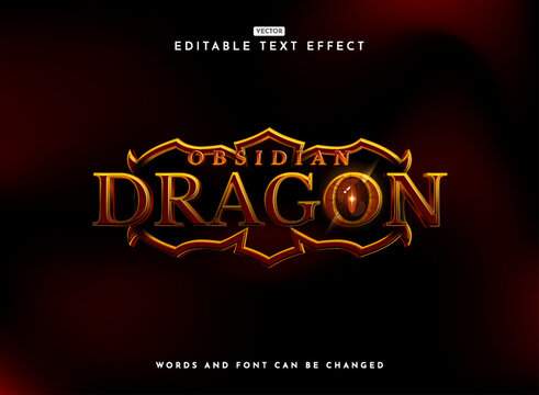 obsidian dragon 3d modern rpg fantasy medieval game logo text effect with red eyes sparkle
