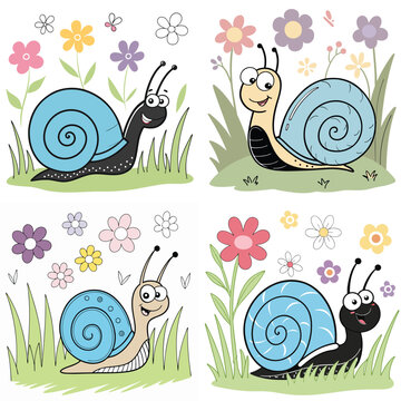 A cute cartoon snail with a bright blue spiral shell, smiling happily in a garden