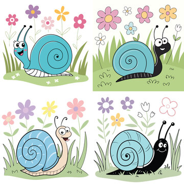 A cute cartoon snail with a bright blue spiral shell, smiling happily in a garden