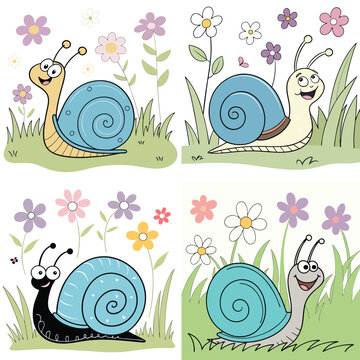A cute cartoon snail with a bright blue spiral shell, smiling happily in a garden
