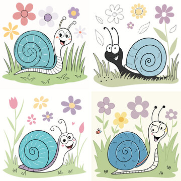 A cute cartoon snail with a bright blue spiral shell, smiling happily in a garden