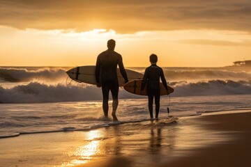 Wall Mural - father and son surfers outdoors surfing nature.