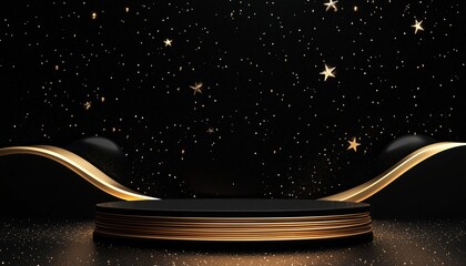 Poster - Luxury Black Product Display Podium Featuring Glitter Light Effects, Golden Curve Decorations, And Star Accent. A Touch Of Elegance.