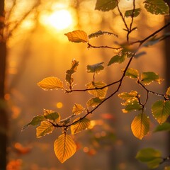 Poster - Golden Hour in the Forest: Sunlit Leaves with Dewdrops Sparkle in the Morning Light