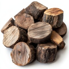 Poster - Pile of Cut Wooden Logs: Rustic Texture and Natural Beauty on Clean White Background