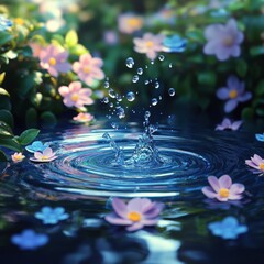 Poster - Water Droplets Splashing in a Pond Surrounded by Flowers, Creating Ripples and a Serene, Natural Atmosphere