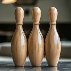 Poster - Wooden bowling pins lined up on a reflective surface under soft lighting in a minimalist setting.