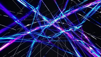 Poster - Bright neon light trails intertwining and creating a complex, futuristic grid pattern against a dark background, evoking a sense of technological advancement and dynamic energy