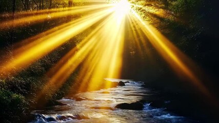 Poster - Stunning sunlight rays glimmer above a serene forest river during golden hour, beautiful sun ray above forest river