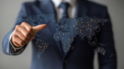 Poster - Businessman pointing at glowing world map representing global business and technology