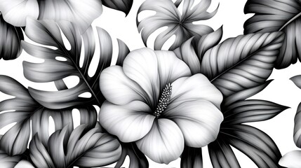 Poster - Monochrome tropical flowers and leaves creating seamless pattern