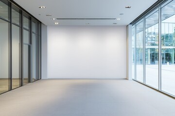 Aufkleber - Modern office with a blank white wall, glass partitions, and large windows overlooking a business district. Ideal for branding, presentations, and interior design