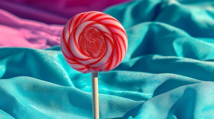 Poster - A colorful lollipop featuring red and pink swirls is set against a gentle blue background, exemplifying a trendy and minimalist candy design that is perfect for kids