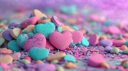 Poster - Charming heart-shaped confetti with sparkling pastel colors set against an abstract seamless background