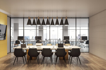 Poster - Modern conference room with glass partitions and city view. 3D Rendering
