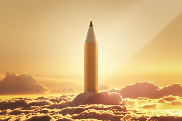 Leinwandbilder - Giant pencil emerging from clouds in golden sunlight.