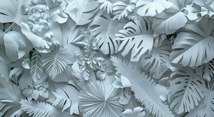 Poster - A minimalist and elegant botanical texture pattern design featuring white leaves on a white background, providing a clean backdrop with ample copy space for text and graphics