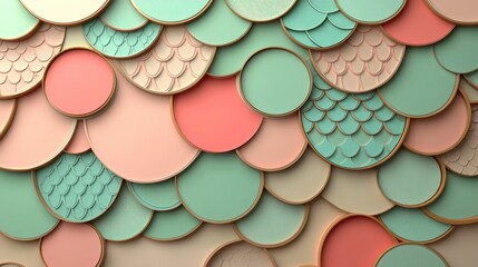 Fototapete - A set of circular paper decorations in muted pastel shades is present