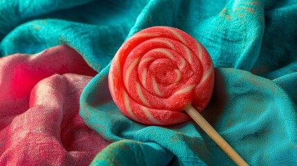 Fototapete - The soft blue backdrop provides a serene contrast to the vibrant red and pink swirls of the lollipop, creating a trendy and stylish candy design that children will love