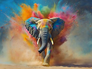 Naklejka na meble Colorful powder explodes behind a majestic elephant charging forward.