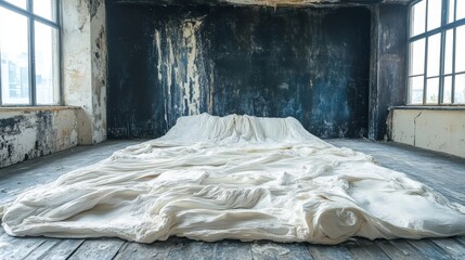 Poster - A monochrome background with defects and specks is evocative of a dim, weathered stucco wall featuring rough black and white splashes, styled wallpaper, and banners with imperfections