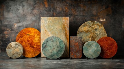 Fototapete - A natural black marble background is showcased with exotic abstract patterns, rustic limestone wall and floor tiles, polished slices of Emperador granite, and Italian rustic quartzite