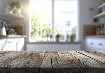 Aufkleber - Rustic wooden tabletop with a blurred bright kitchen featuring white cabinets, open shelves, and natural light. Ideal for product display, cooking presentations, and interior design concepts