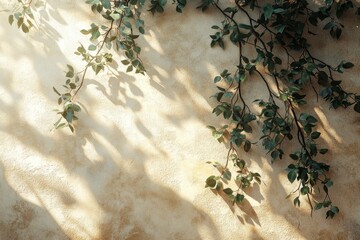 Poster - Delicate green leaves cast intricate shadows on a textured warm wall, revealing a peaceful outdoor atmosphere during daylight