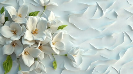 Poster - The backdrop of a white flower arrangement is a geometric texture, complemented by surrounding green leaves