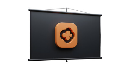 Poster - Black presentation screen featuring an orange stylized floral symbol in its center