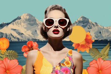 Wall Mural - minimal collage retro dreamy of adult sunglasses mountain swimwear.