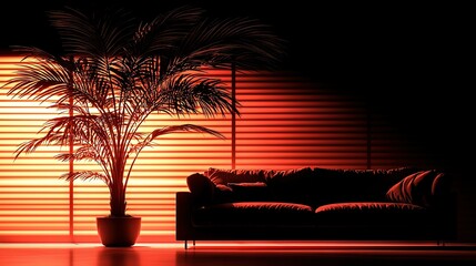 Wall Mural - a cozy living room featuring a plush couch and vibrant potted plant illuminated by red light streami