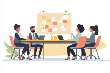 Poster - group of people are sitting around a table with a white board behind them. The board has a lot of notes on it, and the people are smiling and working together. Scene is collaborative and positive