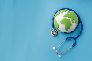 world health day. global health awareness concept. globe and stethoscope on blue background.