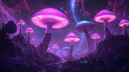 representation of fungi evolving to survive in a gamma ray rich outer space environment glowing levi