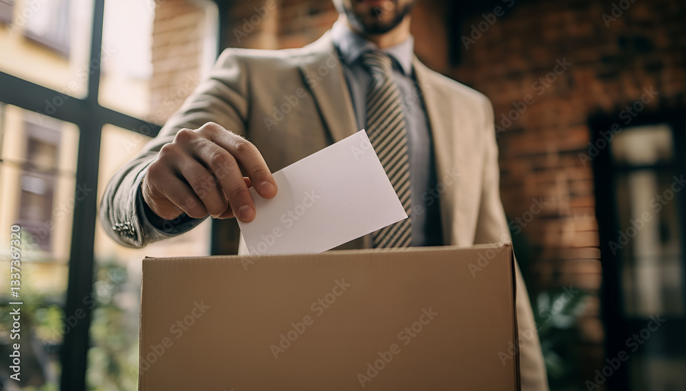 Ilustración de Stock man placing a ballot into a voting box at a ...