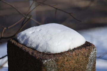 Poster - A close-up view of a snowy post, perfect for winter scenes or holiday decorations.