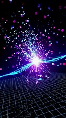 Poster - Neon burst of geometric shapes and digital waves in a futuristic grid space