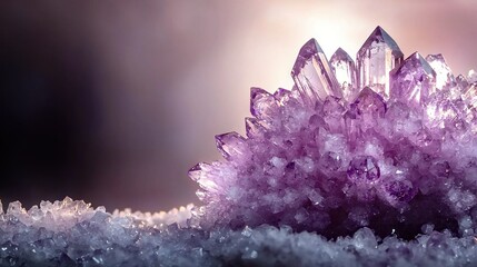 Wall Mural - a cluster of crystals rests atop a snowy mound beside a vibrant purple and white blossom atop a bed 