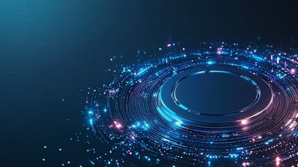 Poster - vibrant circular digital pattern with glowing particles on a dark background, creating a futuristic 