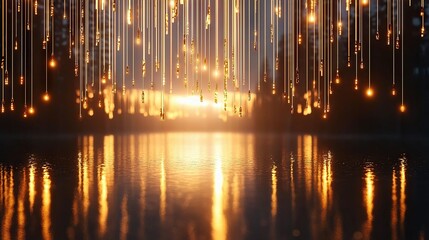 Wall Mural - night scene with water reflecting lights and building hanging lights on the side